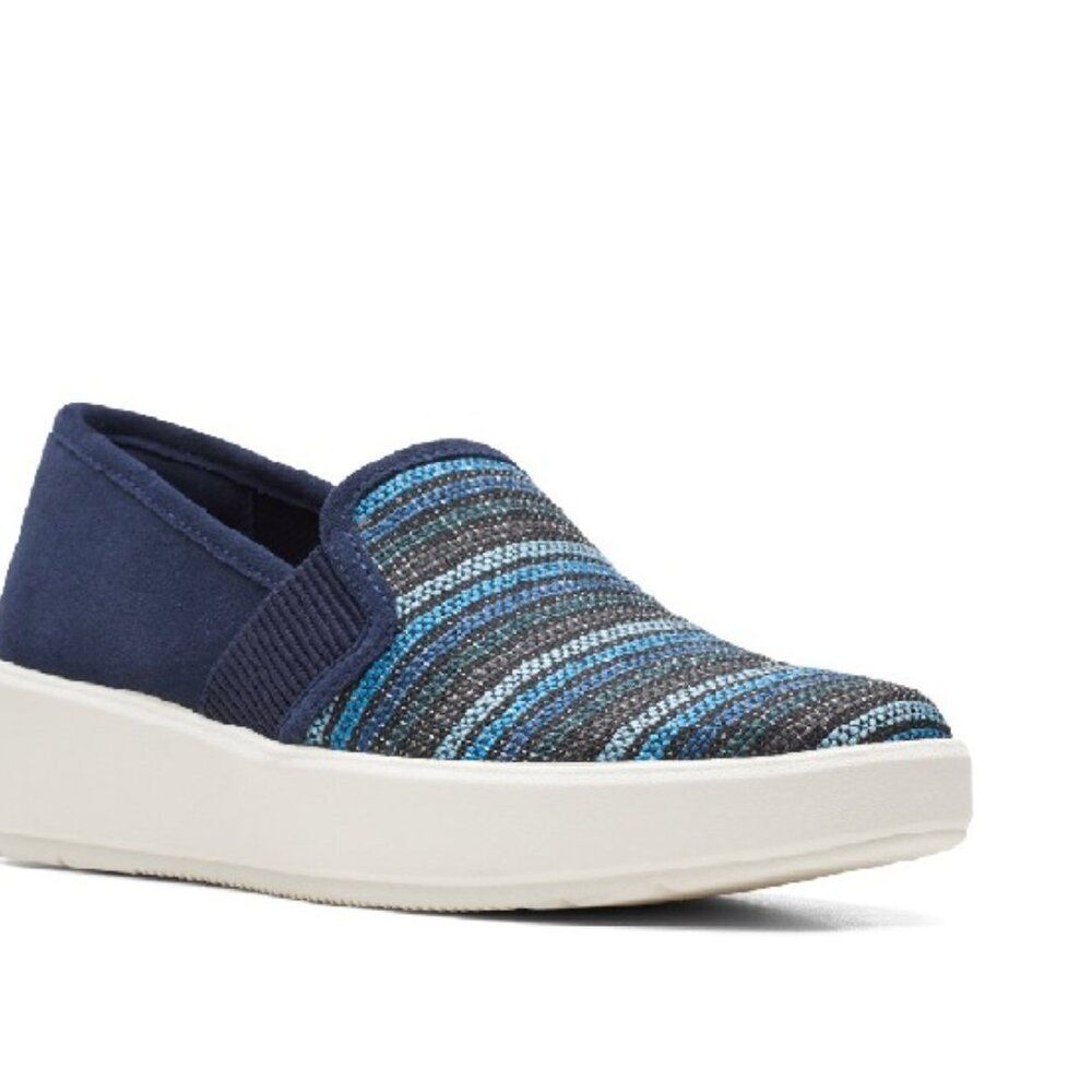 Clarks Layton Petal Womens Navy Blue Stripe Leather Slip On Sneaker SZ 8.5 NWOB